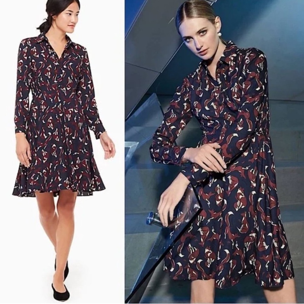 LN Kate Spade Foxes Print Smocked Long Sleeve Mini Dress - 6